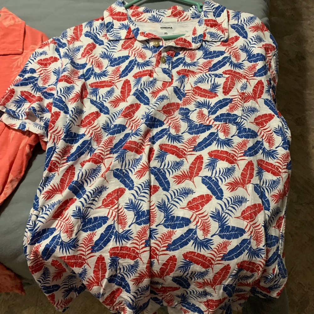 Sonoma Red and Blue Leaf Print Polo Shirt